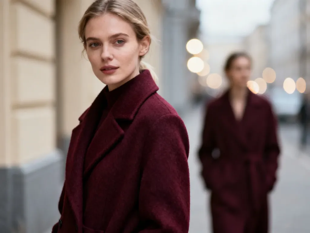 Elegancka kobieta w burgundowym płaszczu na tle miejskiej ulicy, prezentująca stylizację w modnym odcieniu bordo.