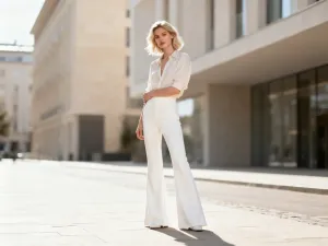 Elegancka kobieta w czarnej bluzce w białe groszki siedzi przy stoliku w przytulnej paryskiej kawiarni.