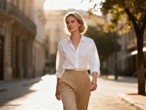 Stylowa kobieta w jasnej garderobie przymierza jeansy, dobierając idealny model spodni do swojej sylwetki.