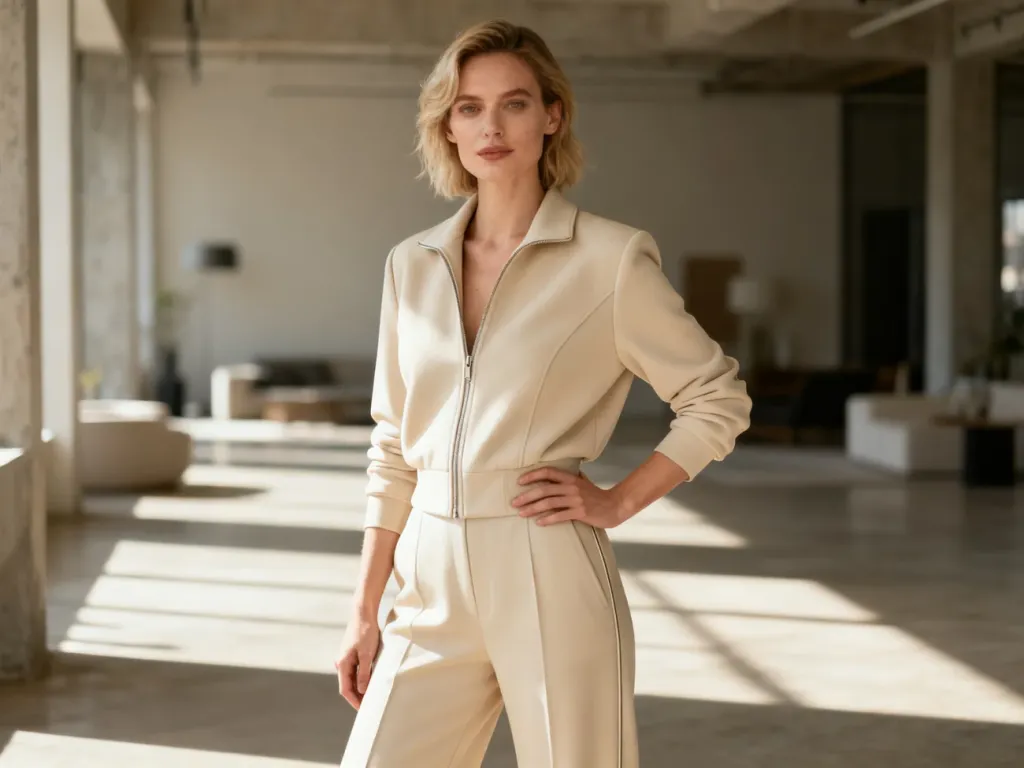 Kobieta w eleganckim, beżowym dresie pozująca w nowoczesnym, minimalistycznym wnętrzu. Stylizacja łącząca luz z luksusem.