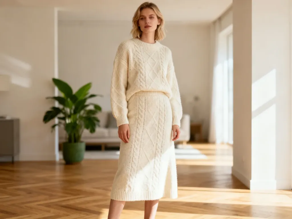 Kobieta w kremowym, dzianinowym komplecie ze spódnicą midi, prezentująca elegancką stylizację w minimalistycznym wnętrzu.