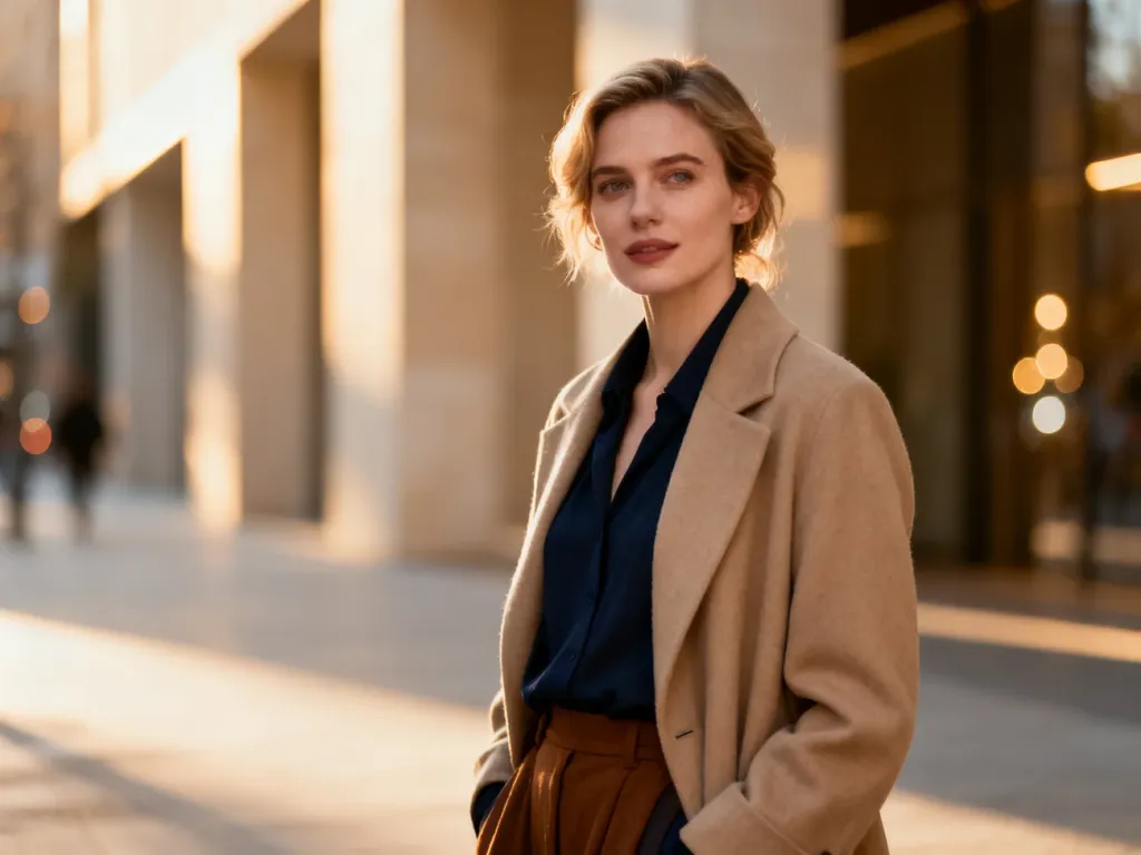 Stylowa kobieta w jesiennej stylizacji na tle nowoczesnej architektury, prezentująca modny miejski look.